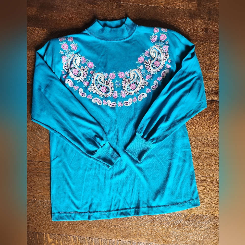 Vintage Paisley Floral Long Sleeved Shirt Bright Blue Shouldar Pads
